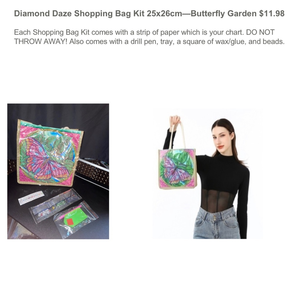Diamond Daze Shopping Bag with chart slip, drill pen, tray, wax/glue and beads